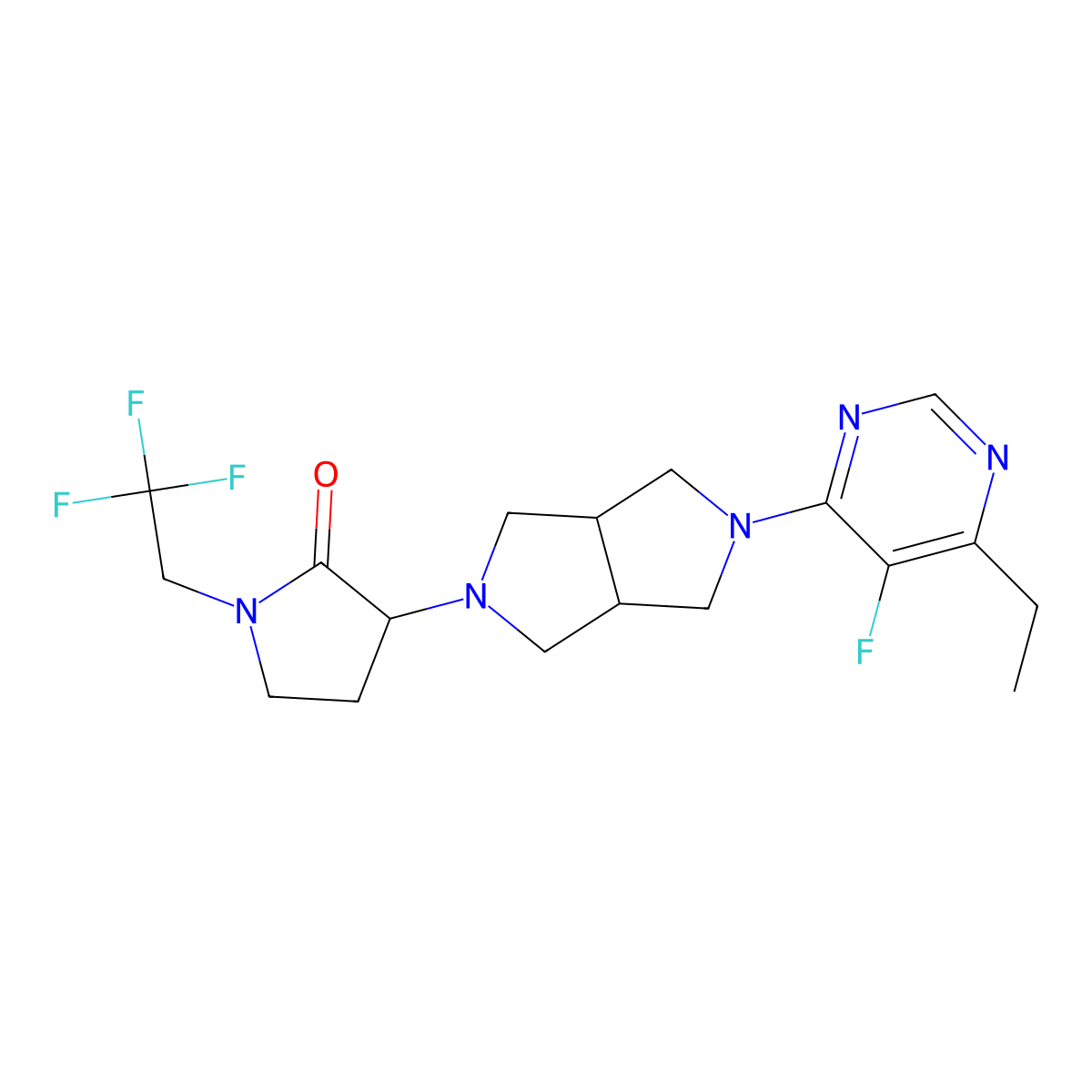 3-[5-(6-Ethyl-5-fluoropyrimidin-4-yl)-octahydropyrrolo[3,4-c]pyrrol-2-yl]-1-(2,2,2-trifluoroethyl)pyrrolidin-2-one molecular structure, CAS 2640817-87-2