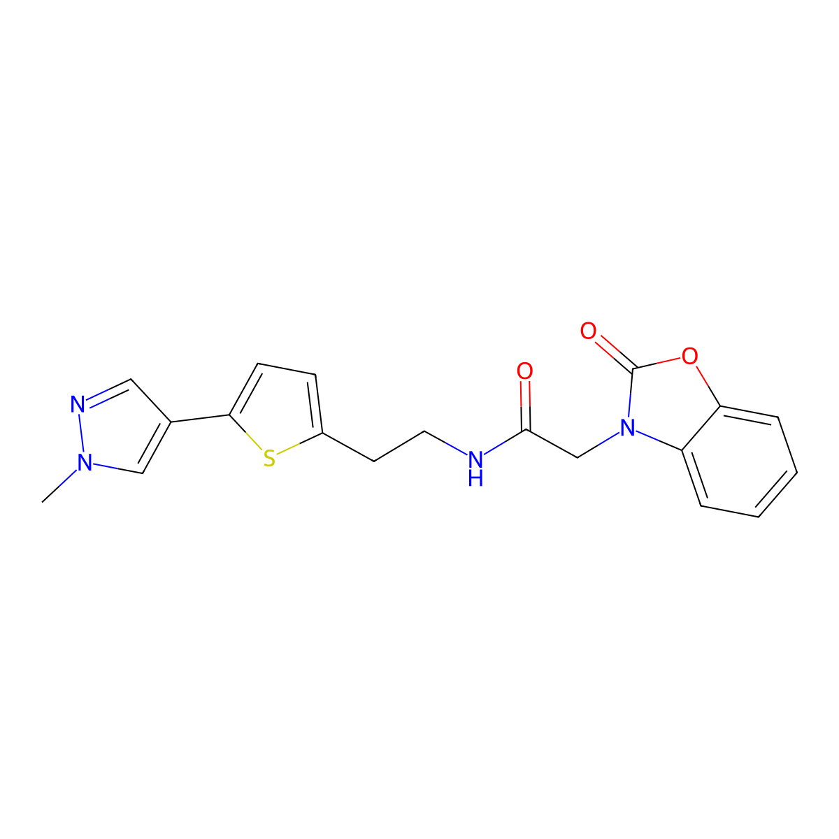 N-{2-[5-(1-methyl-1H-pyrazol-4-yl)thiophen-2-yl]ethyl}-2-(2-oxo-2,3-dihydro-1,3-benzoxazol-3-yl)acetamide molecular structure, CAS 2640817-89-4