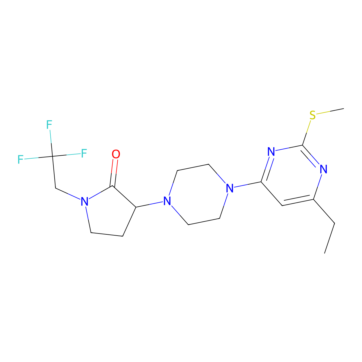3-{4-[6-Ethyl-2-(methylsulfanyl)pyrimidin-4-yl]piperazin-1-yl}-1-(2,2,2-trifluoroethyl)pyrrolidin-2-one molecular structure, CAS 2640817-92-9