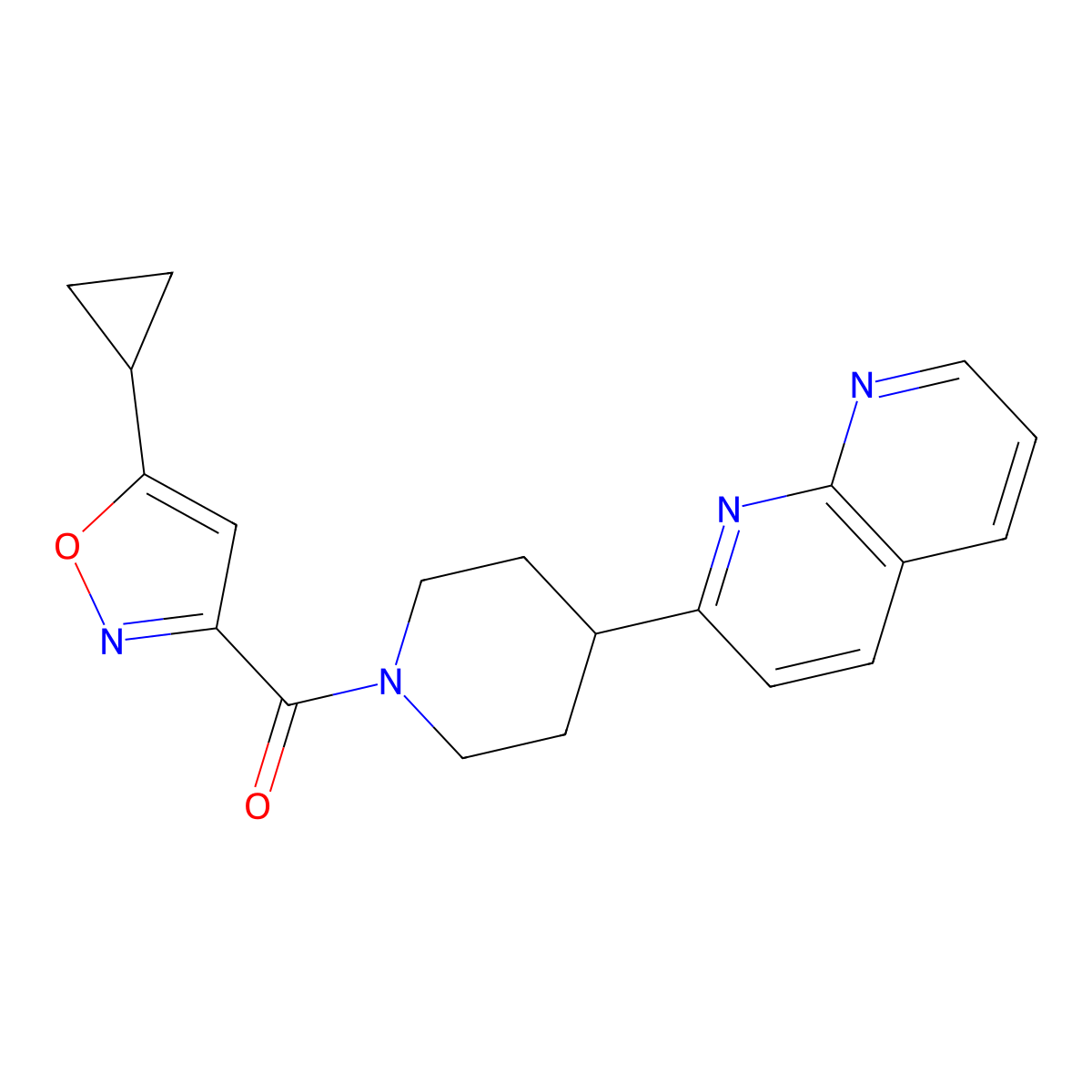 2-[1-(5-Cyclopropyl-1,2-oxazole-3-carbonyl)piperidin-4-yl]-1,8-naphthyridine molecular structure, CAS 2640817-94-1