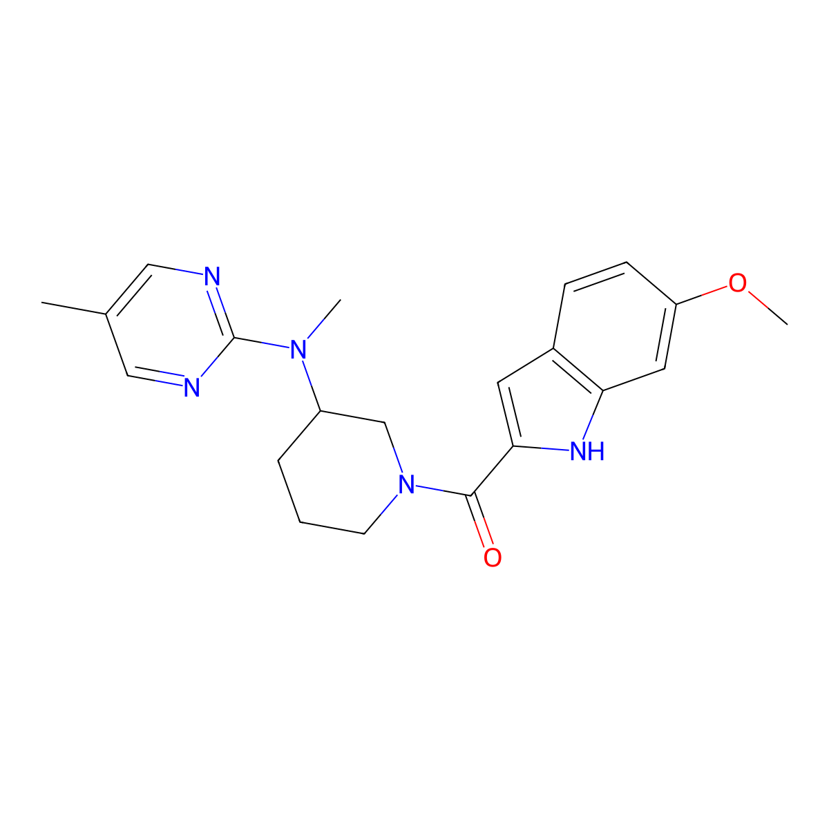 N-[1-(6-methoxy-1H-indole-2-carbonyl)piperidin-3-yl]-N,5-dimethylpyrimidin-2-amine molecular structure, CAS 2640817-95-2