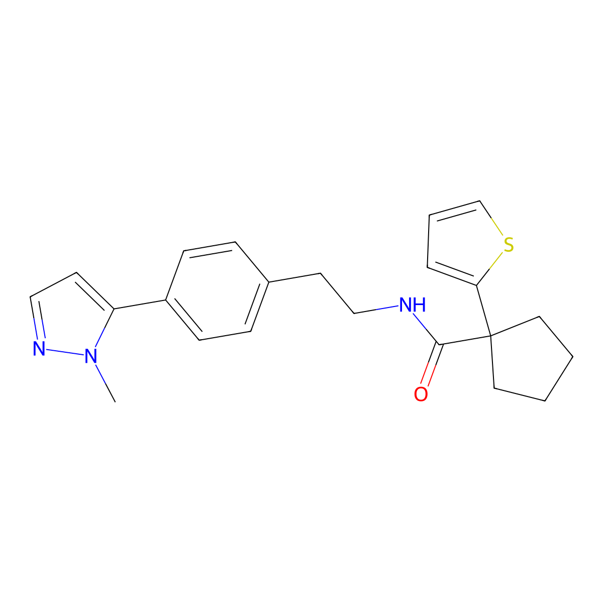 N-{2-[4-(1-methyl-1H-pyrazol-5-yl)phenyl]ethyl}-1-(thiophen-2-yl)cyclopentane-1-carboxamide molecular structure, CAS 2640818-04-6