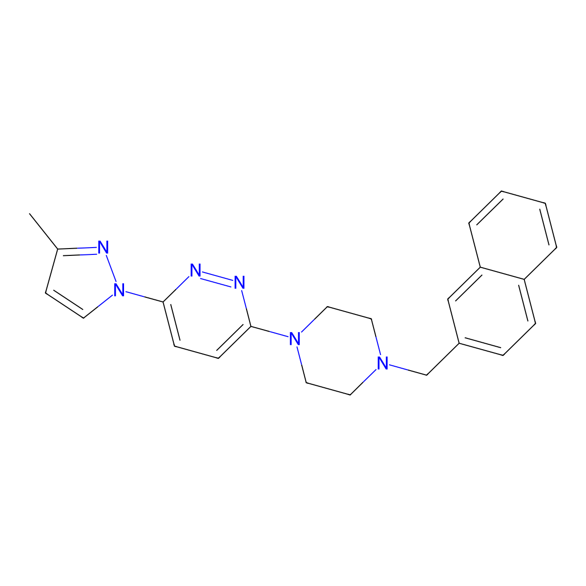 3-(3-methyl-1H-pyrazol-1-yl)-6-{4-[(naphthalen-2-yl)methyl]piperazin-1-yl}pyridazine molecular structure, CAS 2640818-05-7