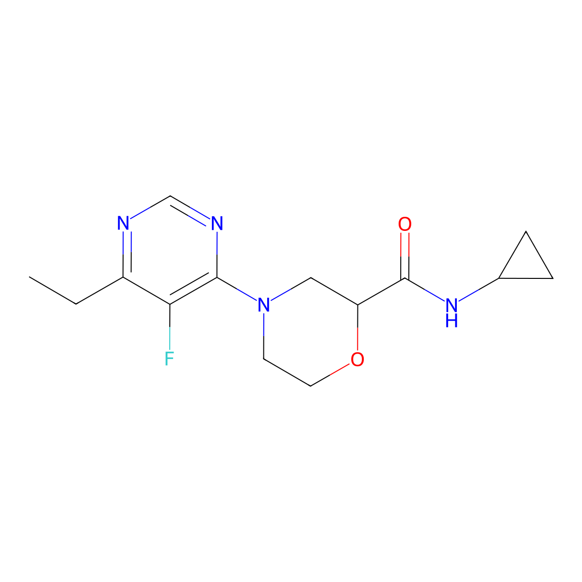 N-cyclopropyl-4-(6-ethyl-5-fluoropyrimidin-4-yl)morpholine-2-carboxamide molecular structure, CAS 2640818-07-9