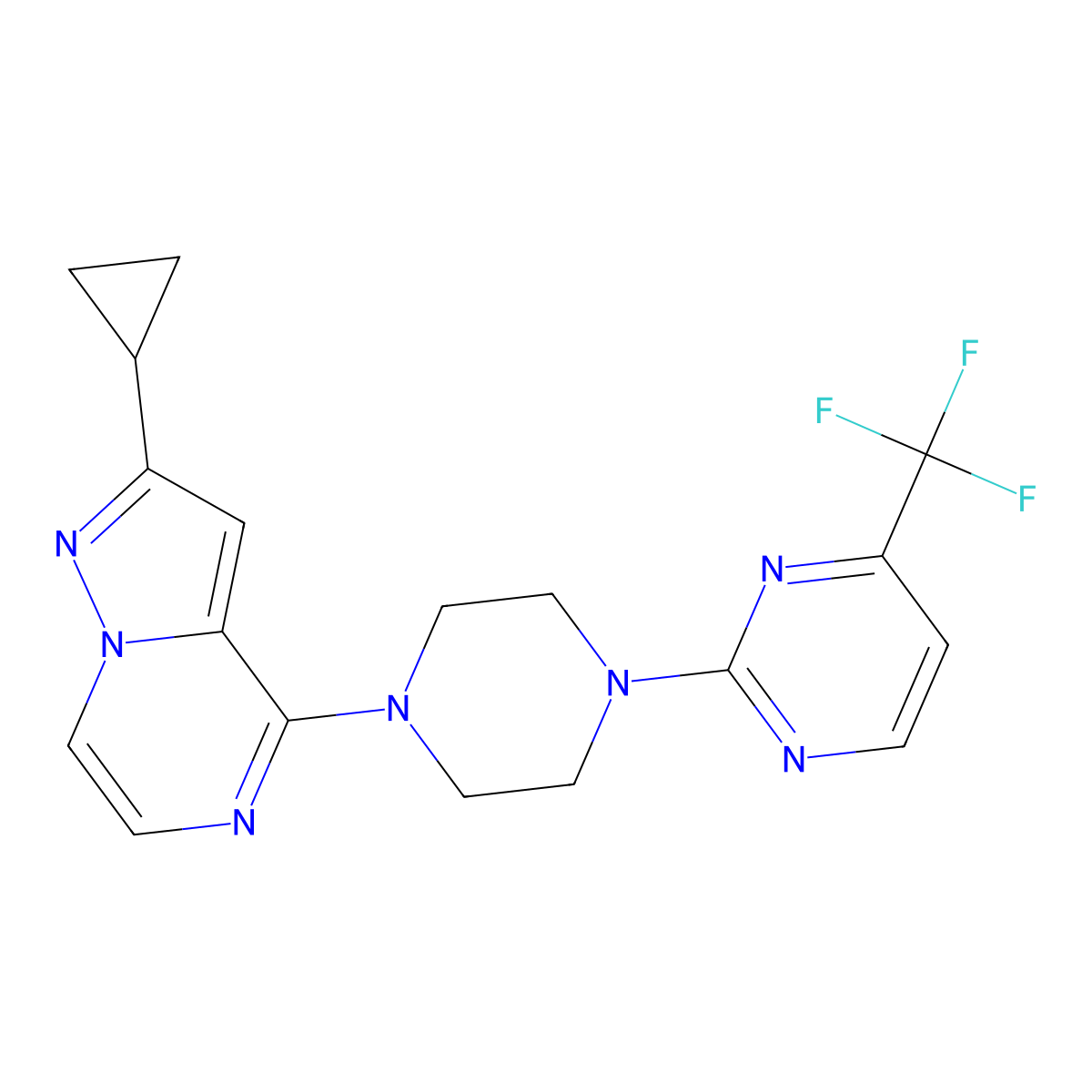 2-(4-{2-Cyclopropylpyrazolo[1,5-a]pyrazin-4-yl}piperazin-1-yl)-4-(trifluoromethyl)pyrimidine molecular structure, CAS 2640818-09-1