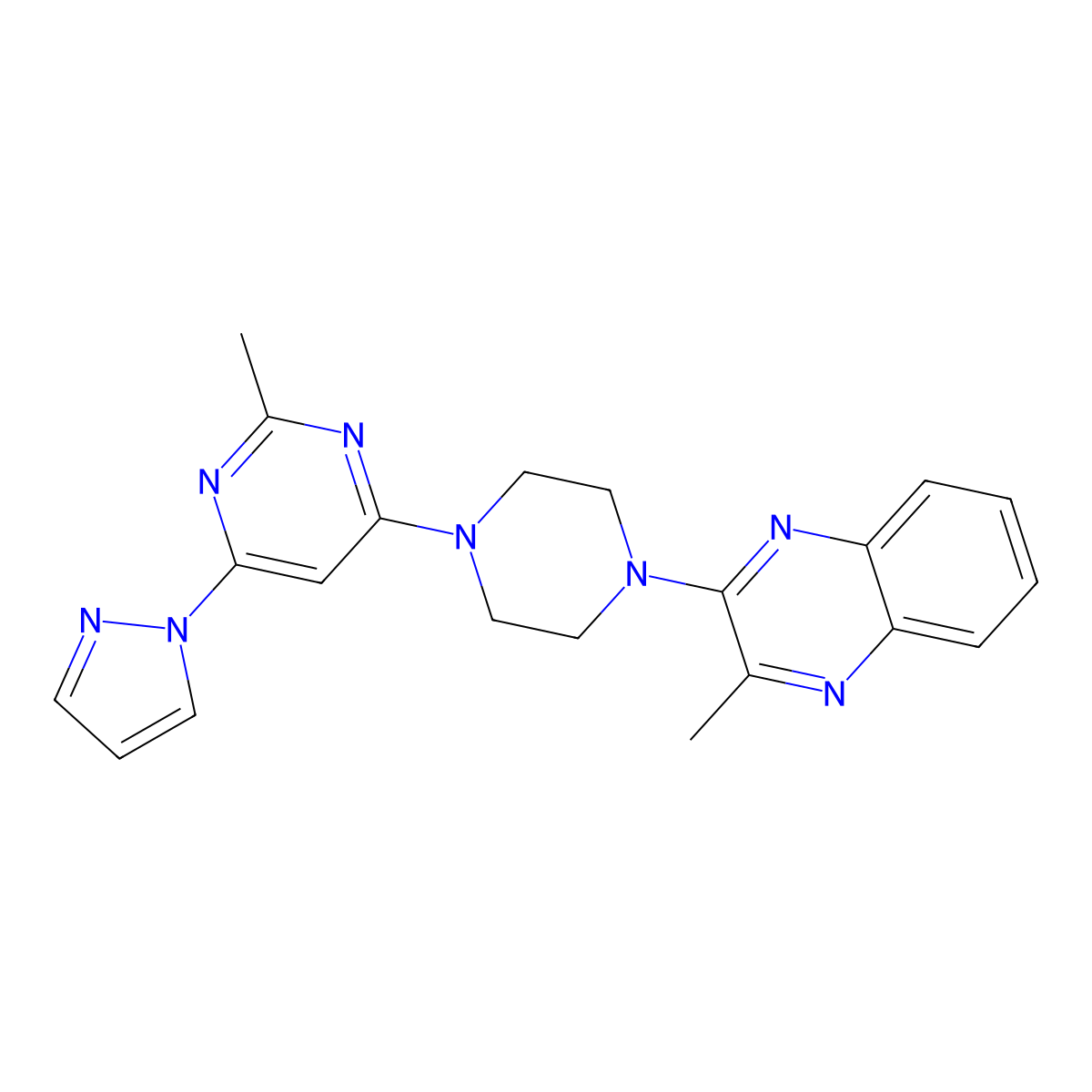 2-methyl-3-{4-[2-methyl-6-(1H-pyrazol-1-yl)pyrimidin-4-yl]piperazin-1-yl}quinoxaline molecular structure, CAS 2640818-10-4