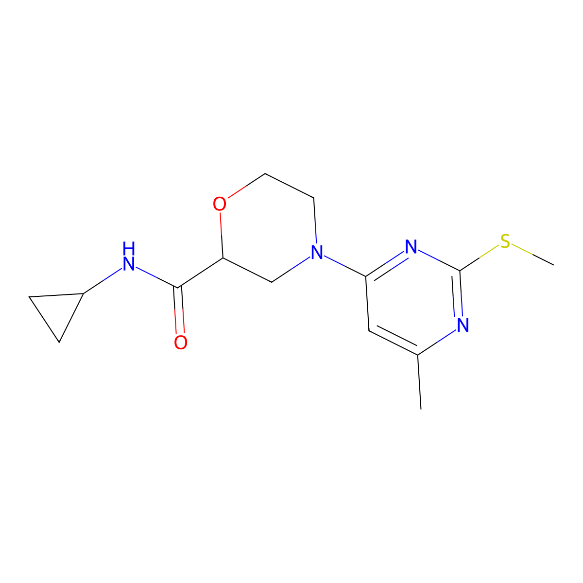 N-cyclopropyl-4-[6-methyl-2-(methylsulfanyl)pyrimidin-4-yl]morpholine-2-carboxamide molecular structure, CAS 2640818-11-5