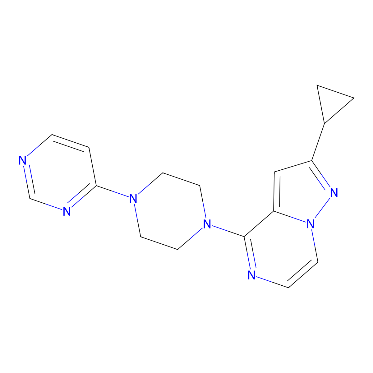 4-(4-{2-Cyclopropylpyrazolo[1,5-a]pyrazin-4-yl}piperazin-1-yl)pyrimidine molecular structure, CAS 2640818-12-6
