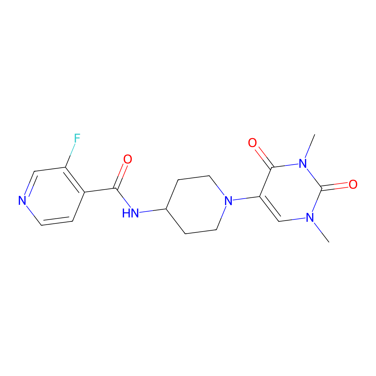 N-[1-(1,3-dimethyl-2,4-dioxo-1,2,3,4-tetrahydropyrimidin-5-yl)piperidin-4-yl]-3-fluoropyridine-4-carboxamide molecular structure, CAS 2640818-19-3