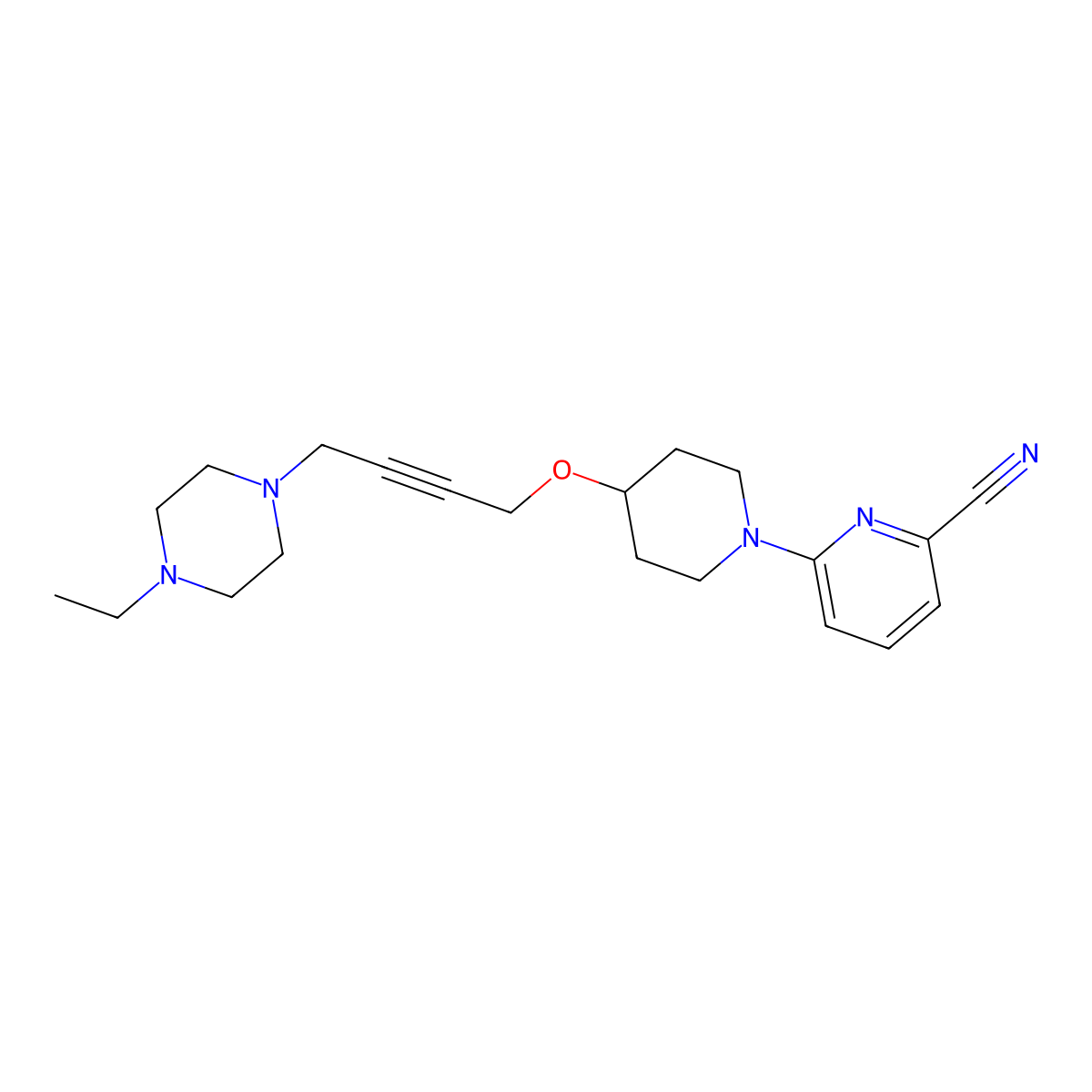 6-(4-{[4-(4-Ethylpiperazin-1-yl)but-2-yn-1-yl]oxy}piperidin-1-yl)pyridine-2-carbonitrile molecular structure, CAS 2640818-20-6