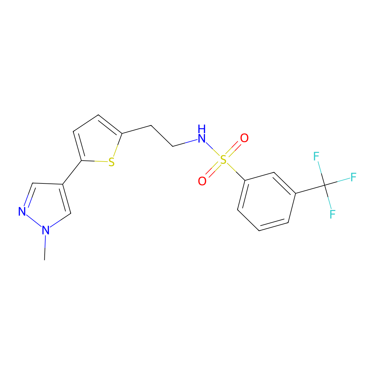 N-{2-[5-(1-methyl-1H-pyrazol-4-yl)thiophen-2-yl]ethyl}-3-(trifluoromethyl)benzene-1-sulfonamide molecular structure, CAS 2640818-21-7