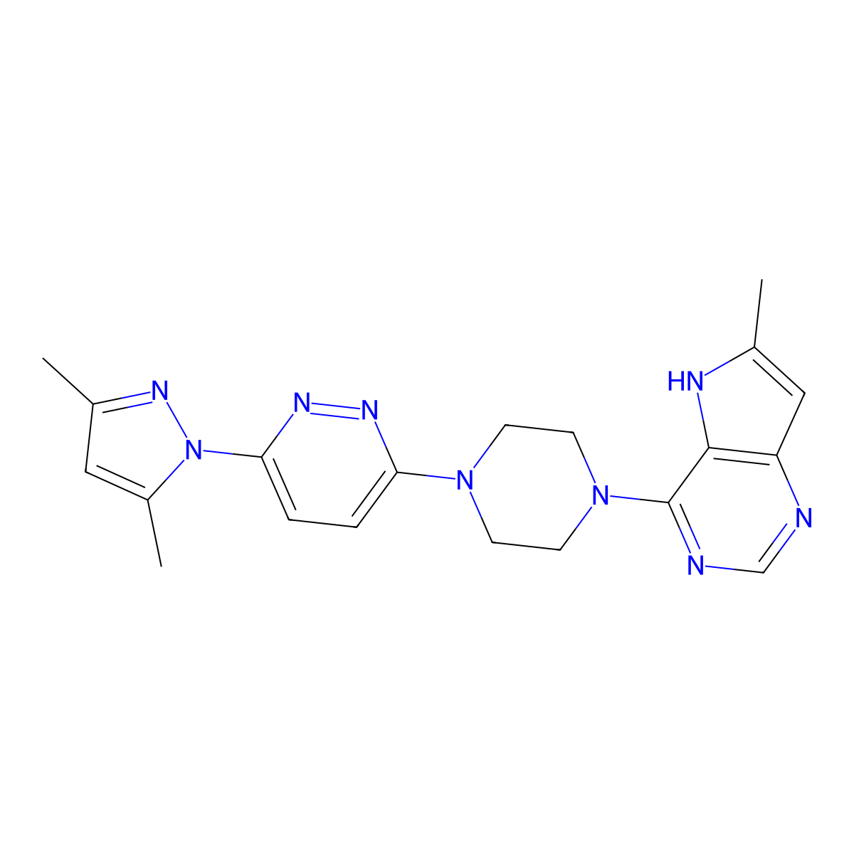3-(3,5-dimethyl-1H-pyrazol-1-yl)-6-(4-{6-methyl-5H-pyrrolo[3,2-d]pyrimidin-4-yl}piperazin-1-yl)pyridazine molecular structure, CAS 2640818-22-8