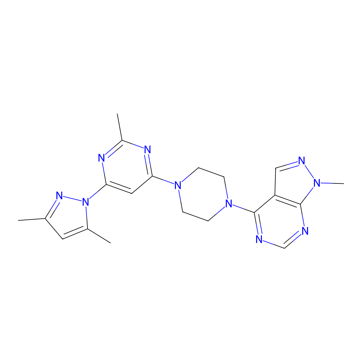 4-(3,5-dimethyl-1H-pyrazol-1-yl)-2-methyl-6-(4-{1-methyl-1H-pyrazolo[3,4-d]pyrimidin-4-yl}piperazin-1-yl)pyrimidine molecular structure, CAS 2640818-25-1