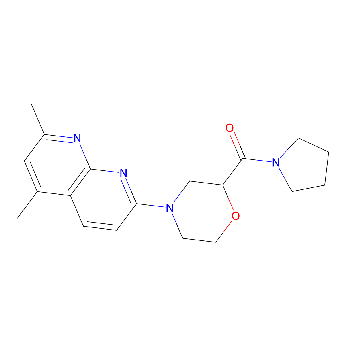 2,4-Dimethyl-7-[2-(pyrrolidine-1-carbonyl)morpholin-4-yl]-1,8-naphthyridine molecular structure, CAS 2640818-32-0
