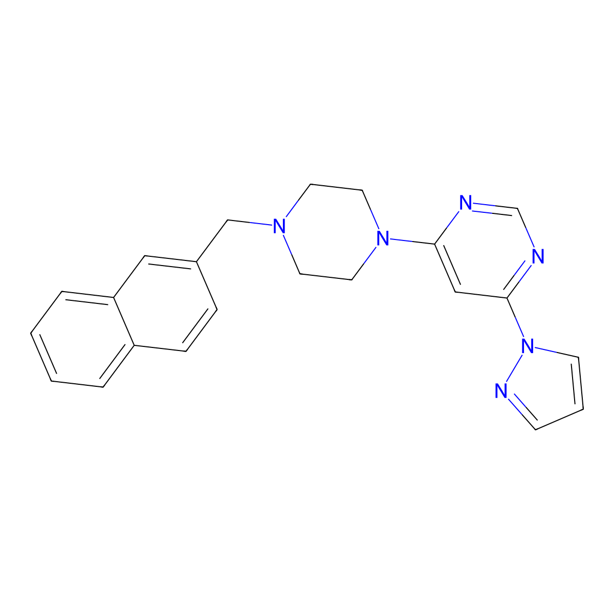 4-{4-[(naphthalen-2-yl)methyl]piperazin-1-yl}-6-(1H-pyrazol-1-yl)pyrimidine molecular structure, CAS 2640818-34-2