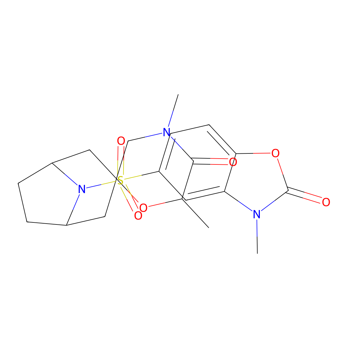 4',6'-Dimethyl-8-[(3-methyl-2-oxo-2,3-dihydro-1,3-benzoxazol-5-yl)sulfonyl]-8-azaspiro[bicyclo[3.2.1]octane-3,2'-morpholin]-5'-one molecular structure, CAS 2640818-37-5