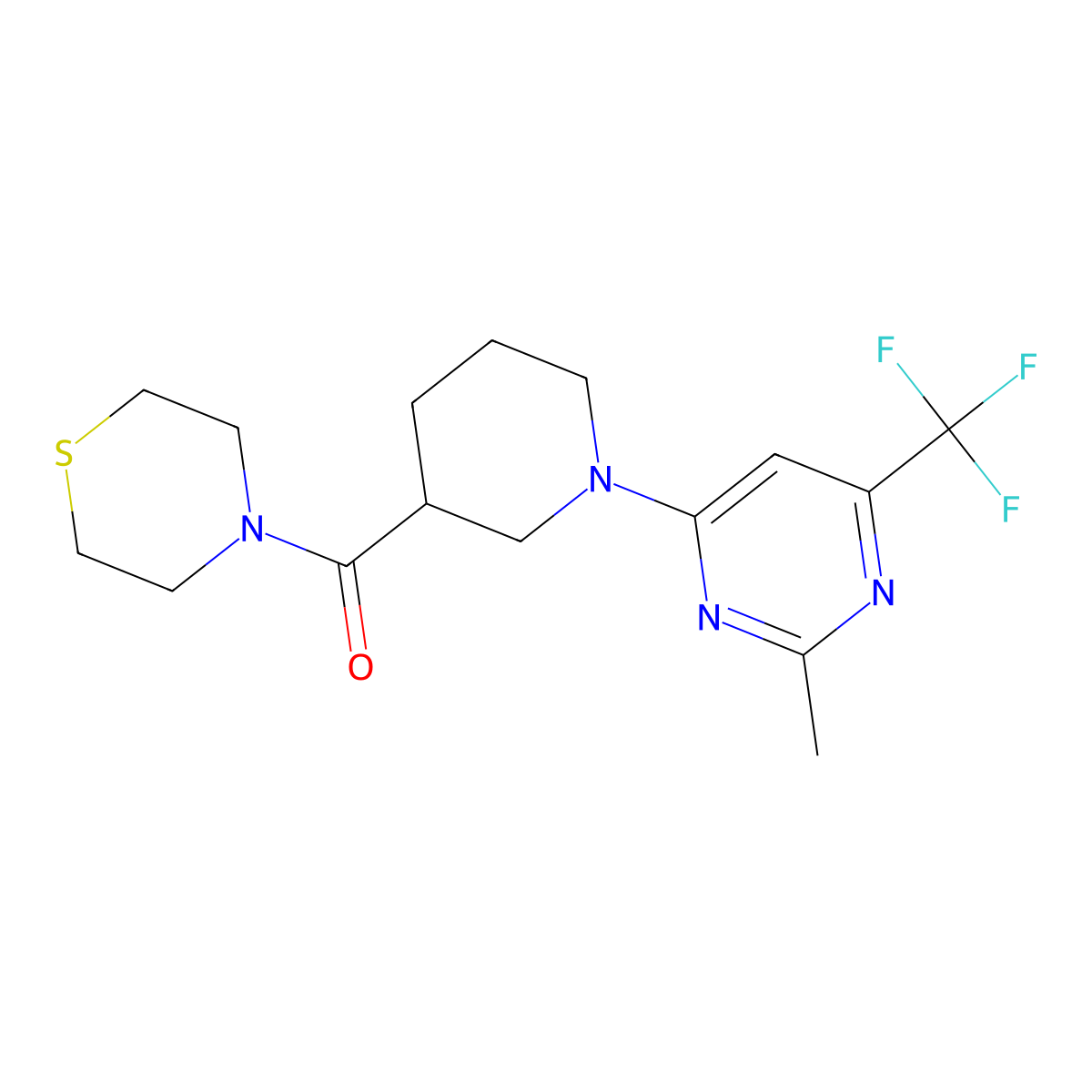 4-{1-[2-Methyl-6-(trifluoromethyl)pyrimidin-4-yl]piperidine-3-carbonyl}thiomorpholine molecular structure, CAS 2640818-43-3