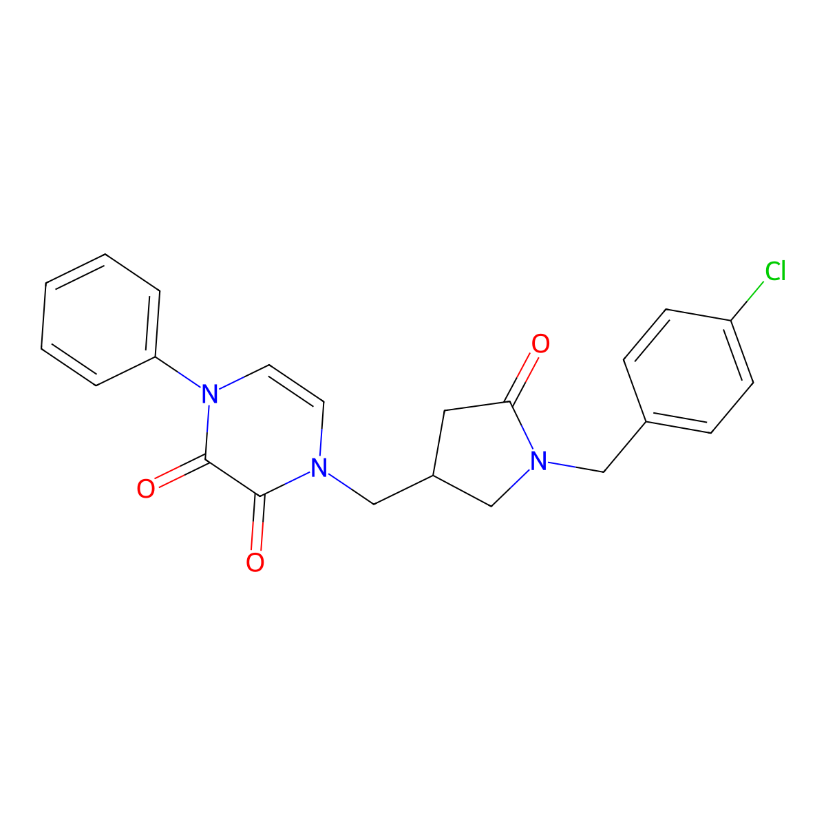 1-({1-[(4-Chlorophenyl)methyl]-5-oxopyrrolidin-3-yl}methyl)-4-phenyl-1,2,3,4-tetrahydropyrazine-2,3-dione molecular structure, CAS 2640818-44-4