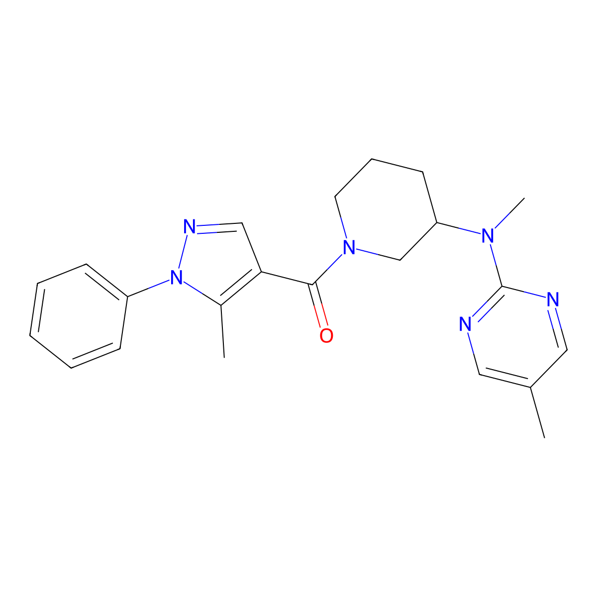 N,5-dimethyl-N-[1-(5-methyl-1-phenyl-1H-pyrazole-4-carbonyl)piperidin-3-yl]pyrimidin-2-amine molecular structure, CAS 2640818-45-5