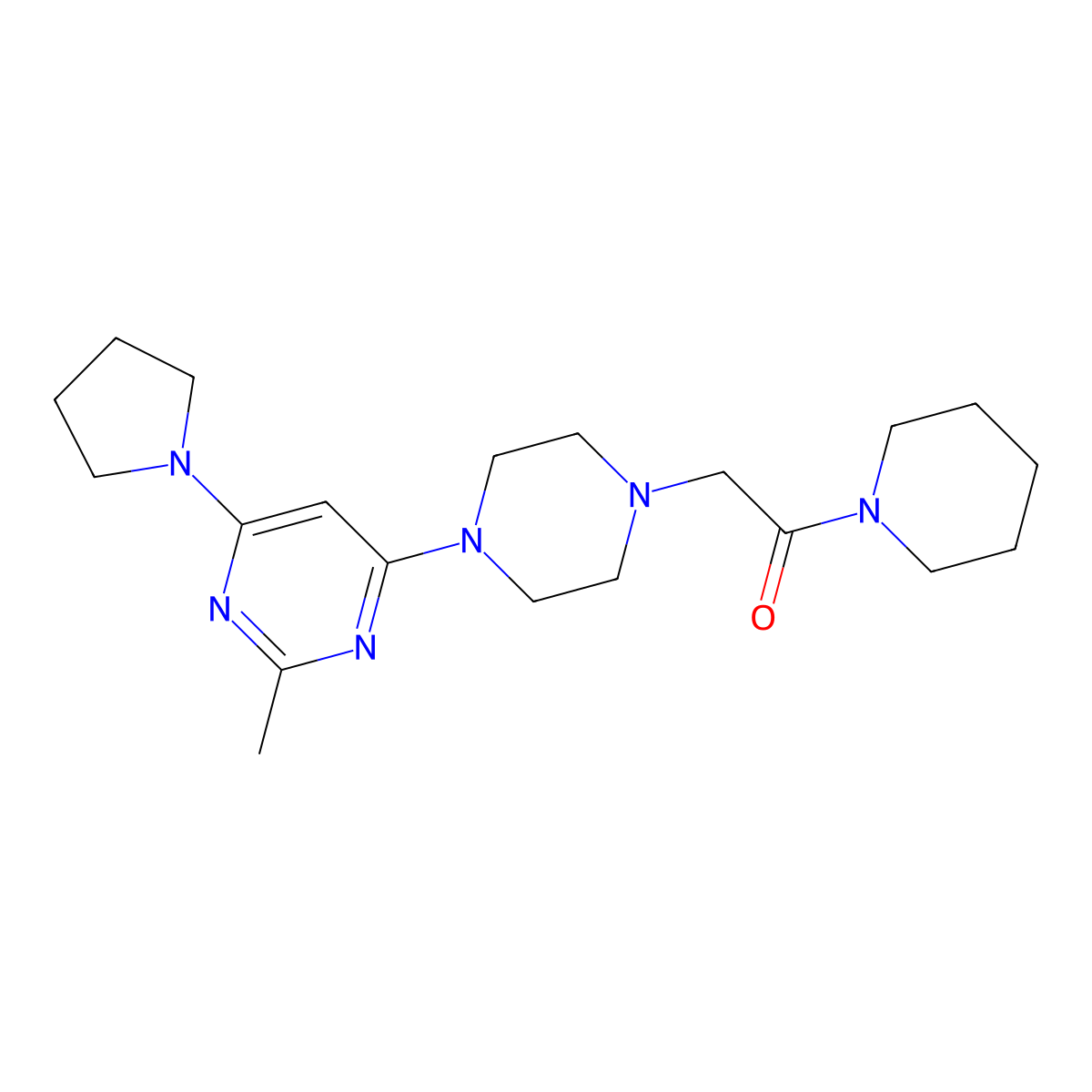 2-{4-[2-Methyl-6-(pyrrolidin-1-yl)pyrimidin-4-yl]piperazin-1-yl}-1-(piperidin-1-yl)ethan-1-one molecular structure, CAS 2640818-52-4