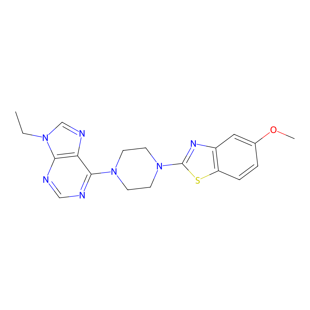 9-ethyl-6-[4-(5-methoxy-1,3-benzothiazol-2-yl)piperazin-1-yl]-9H-purine molecular structure, CAS 2640818-57-9