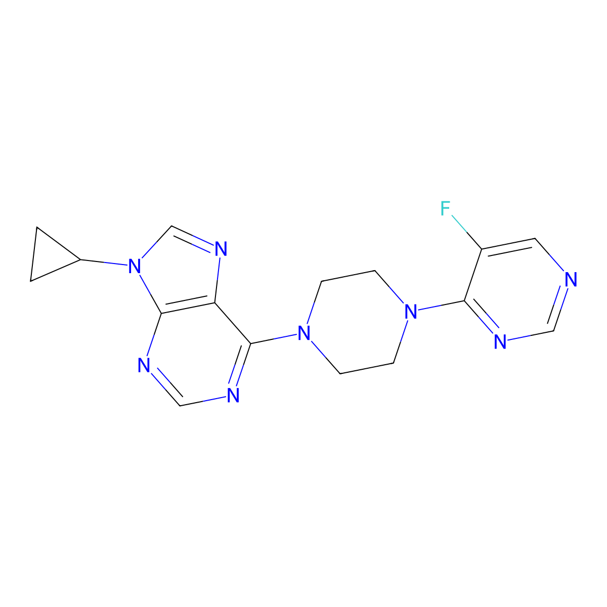 9-cyclopropyl-6-[4-(5-fluoropyrimidin-4-yl)piperazin-1-yl]-9H-purine molecular structure, CAS 2640818-58-0