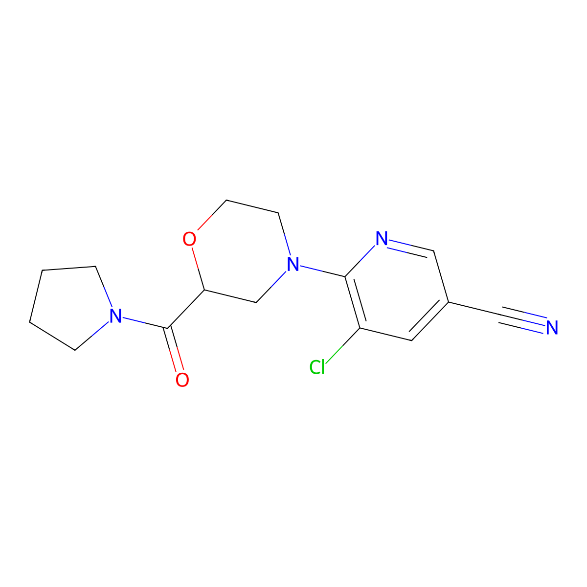 5-Chloro-6-[2-(pyrrolidine-1-carbonyl)morpholin-4-yl]pyridine-3-carbonitrile molecular structure, CAS 2640818-62-6