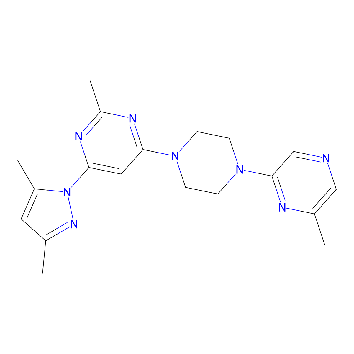 4-(3,5-dimethyl-1H-pyrazol-1-yl)-2-methyl-6-[4-(6-methylpyrazin-2-yl)piperazin-1-yl]pyrimidine molecular structure, CAS 2640818-65-9