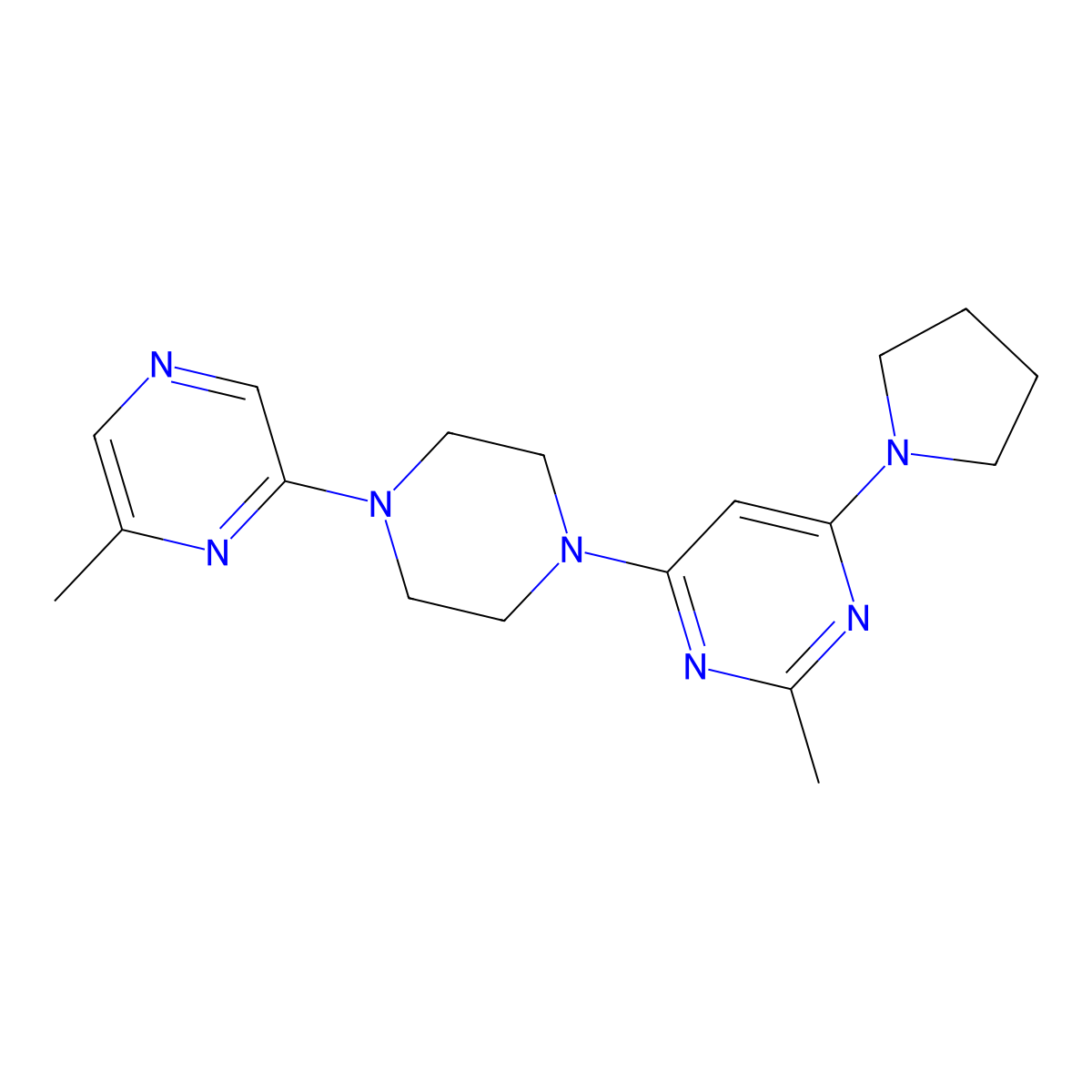 2-Methyl-4-[4-(6-methylpyrazin-2-yl)piperazin-1-yl]-6-(pyrrolidin-1-yl)pyrimidine molecular structure, CAS 2640818-66-0