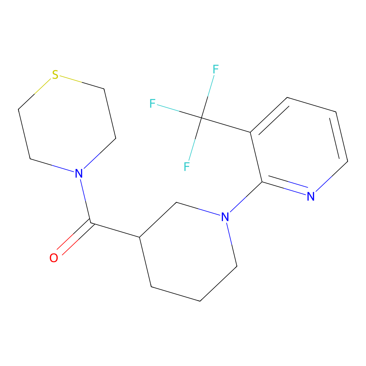 4-{1-[3-(Trifluoromethyl)pyridin-2-yl]piperidine-3-carbonyl}thiomorpholine molecular structure, CAS 2640818-71-7
