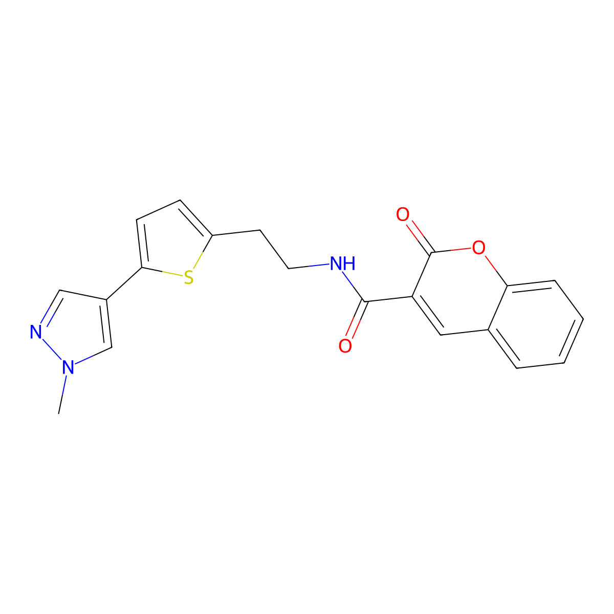 N-{2-[5-(1-methyl-1H-pyrazol-4-yl)thiophen-2-yl]ethyl}-2-oxo-2H-chromene-3-carboxamide molecular structure, CAS 2640818-74-0