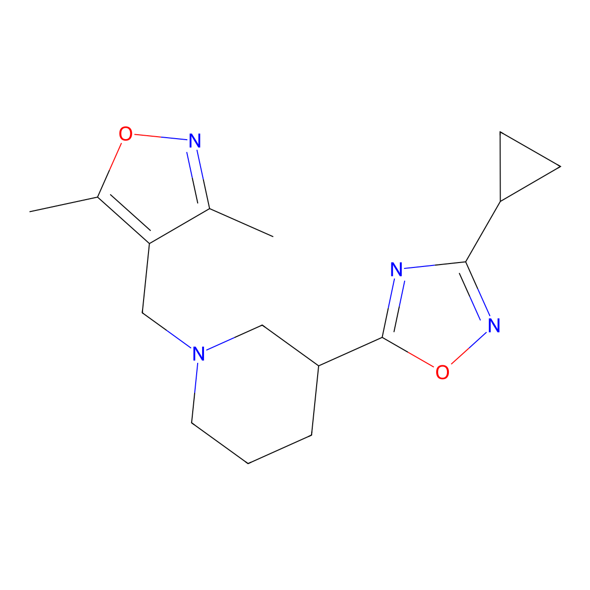 3-(3-Cyclopropyl-1,2,4-oxadiazol-5-yl)-1-[(3,5-dimethyl-1,2-oxazol-4-yl)methyl]piperidine molecular structure, CAS 2640818-88-6
