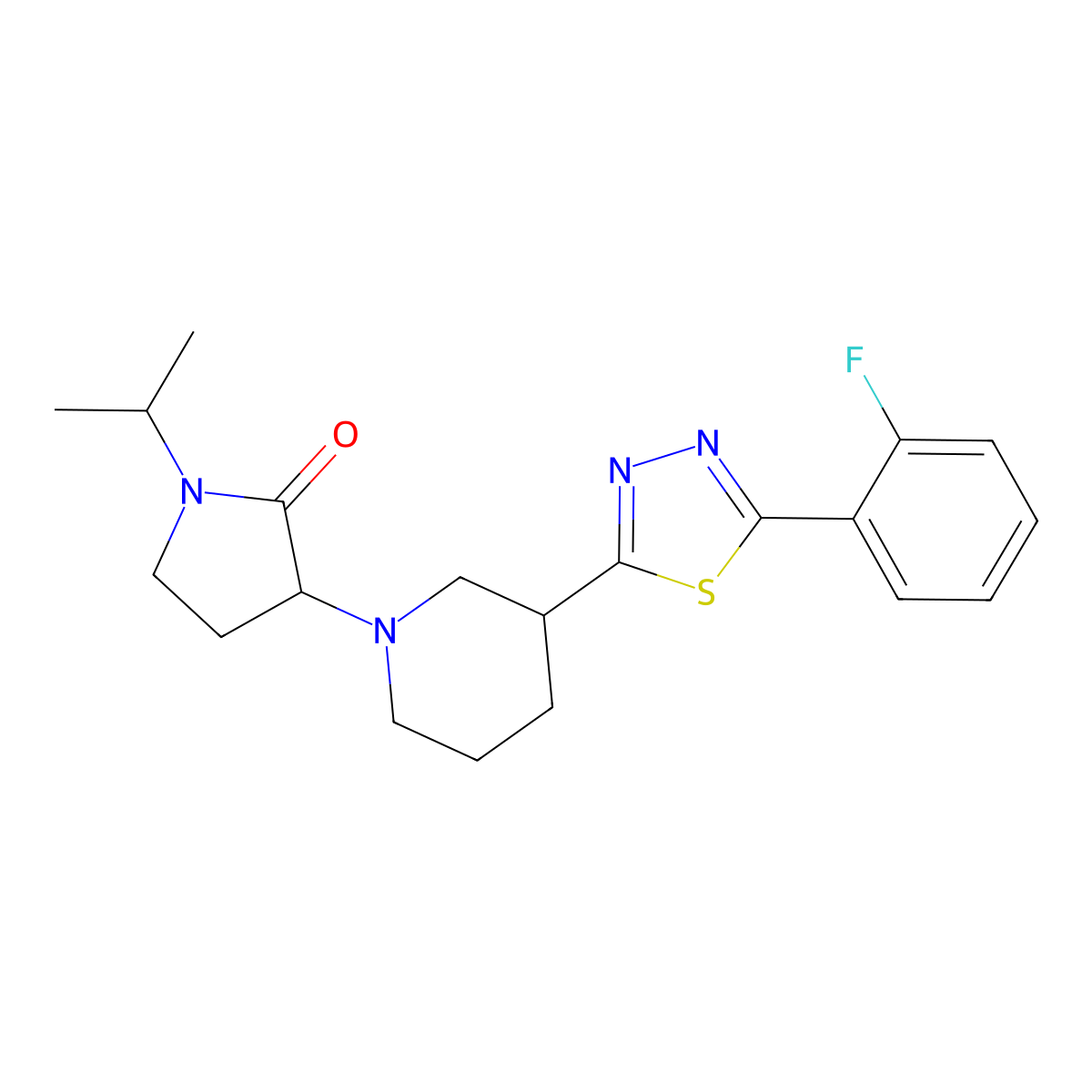 3-{3-[5-(2-Fluorophenyl)-1,3,4-thiadiazol-2-yl]piperidin-1-yl}-1-(propan-2-yl)pyrrolidin-2-one molecular structure, CAS 2640818-97-7