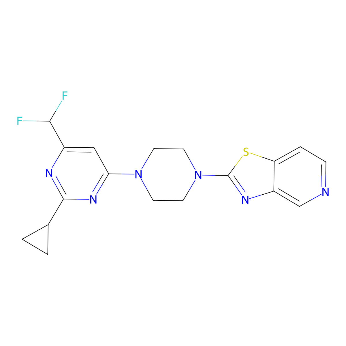 2-Cyclopropyl-4-(difluoromethyl)-6-(4-{[1,3]thiazolo[4,5-c]pyridin-2-yl}piperazin-1-yl)pyrimidine molecular structure, CAS 2640819-27-6