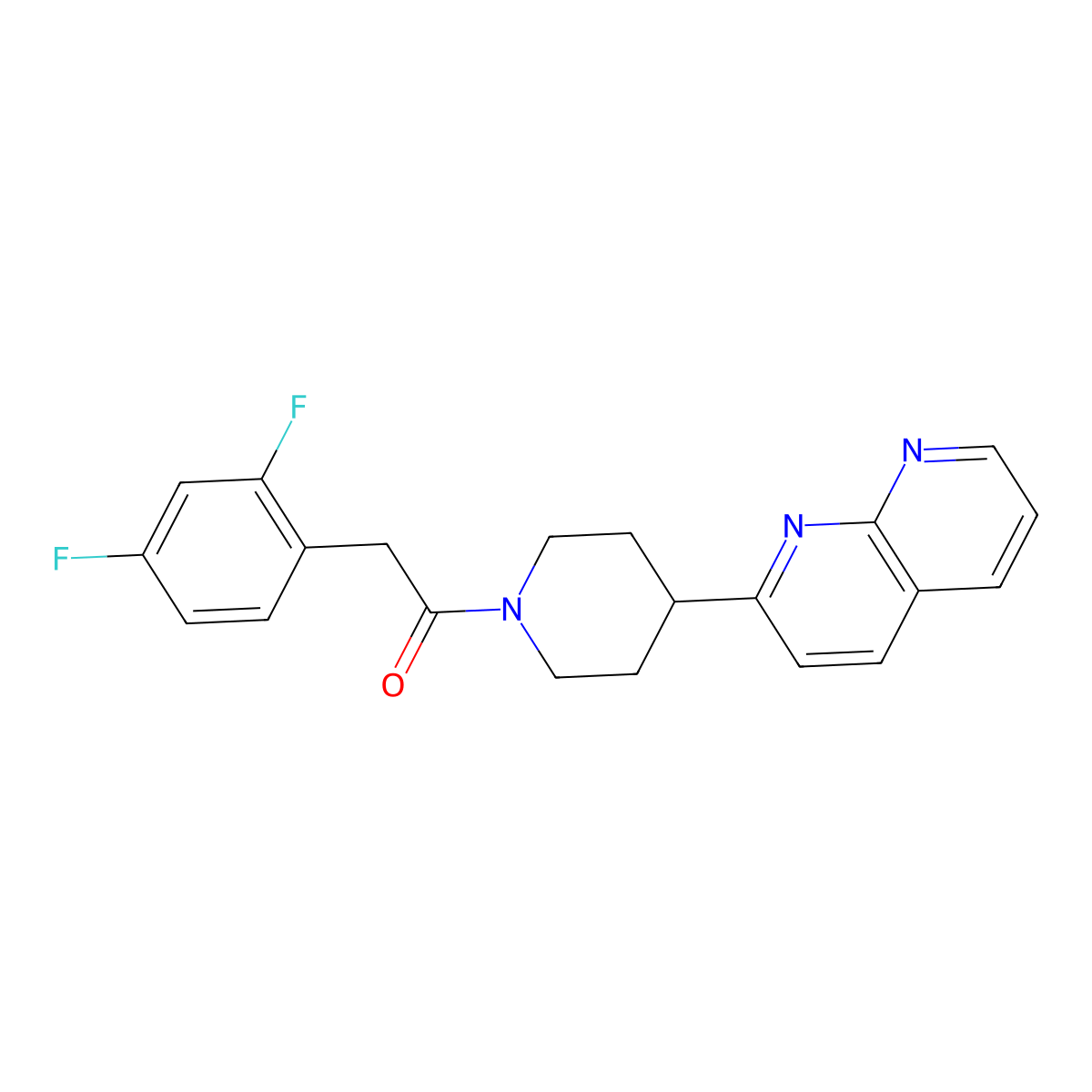 2-(2,4-Difluorophenyl)-1-[4-(1,8-naphthyridin-2-yl)piperidin-1-yl]ethan-1-one molecular structure, CAS 2640819-28-7