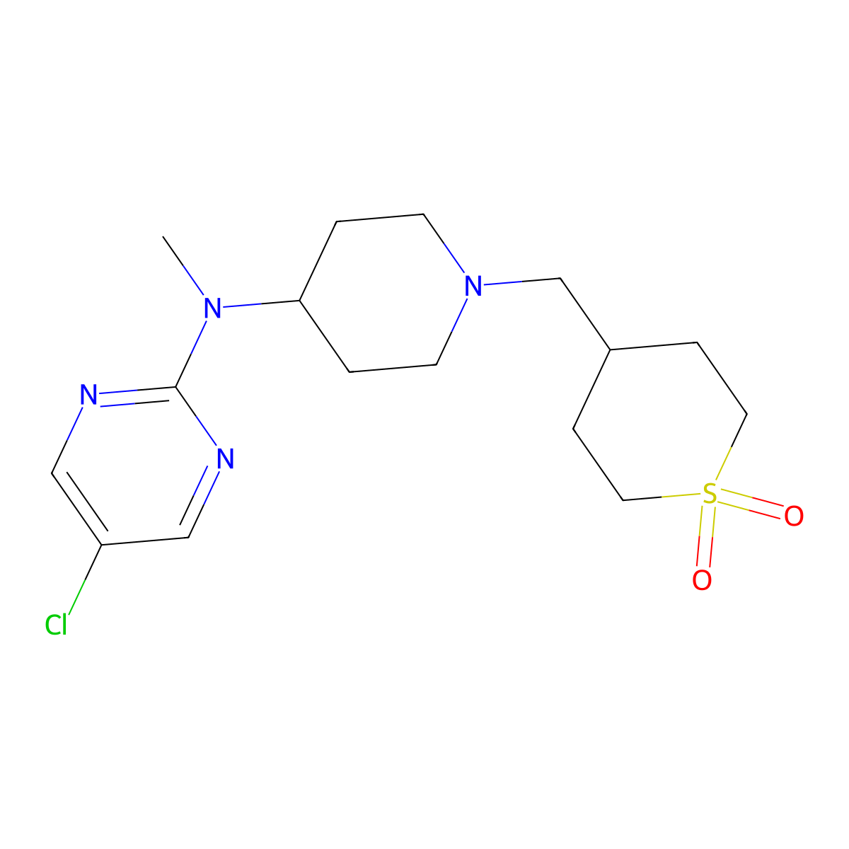4-({4-[(5-Chloropyrimidin-2-yl)(methyl)amino]piperidin-1-yl}methyl)-1lambda6-thiane-1,1-dione molecular structure, CAS 2640819-31-2