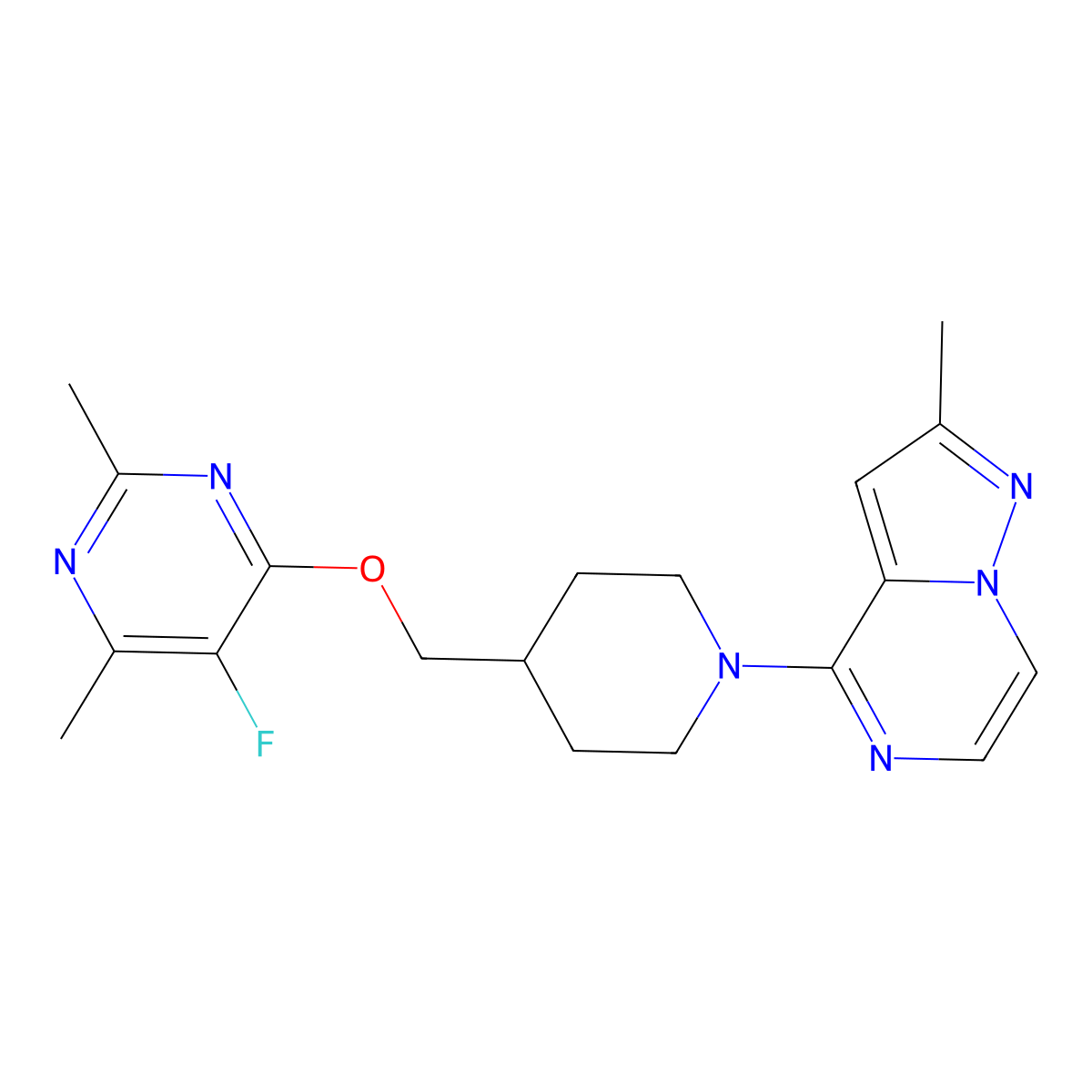 5-Fluoro-2,4-dimethyl-6-[(1-{2-methylpyrazolo[1,5-a]pyrazin-4-yl}piperidin-4-yl)methoxy]pyrimidine molecular structure, CAS 2640819-32-3