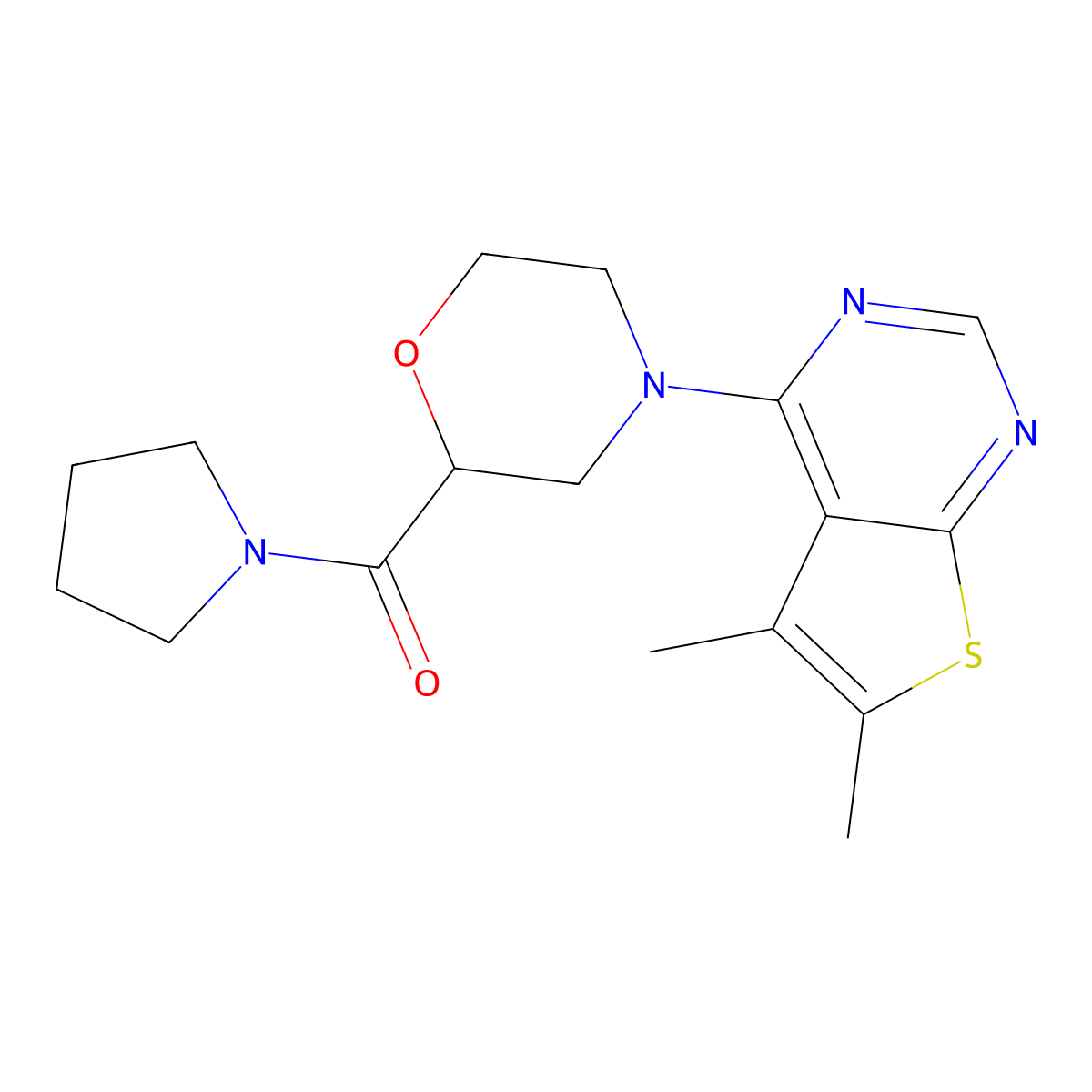 4-{5,6-Dimethylthieno[2,3-d]pyrimidin-4-yl}-2-(pyrrolidine-1-carbonyl)morpholine molecular structure, CAS 2640819-34-5