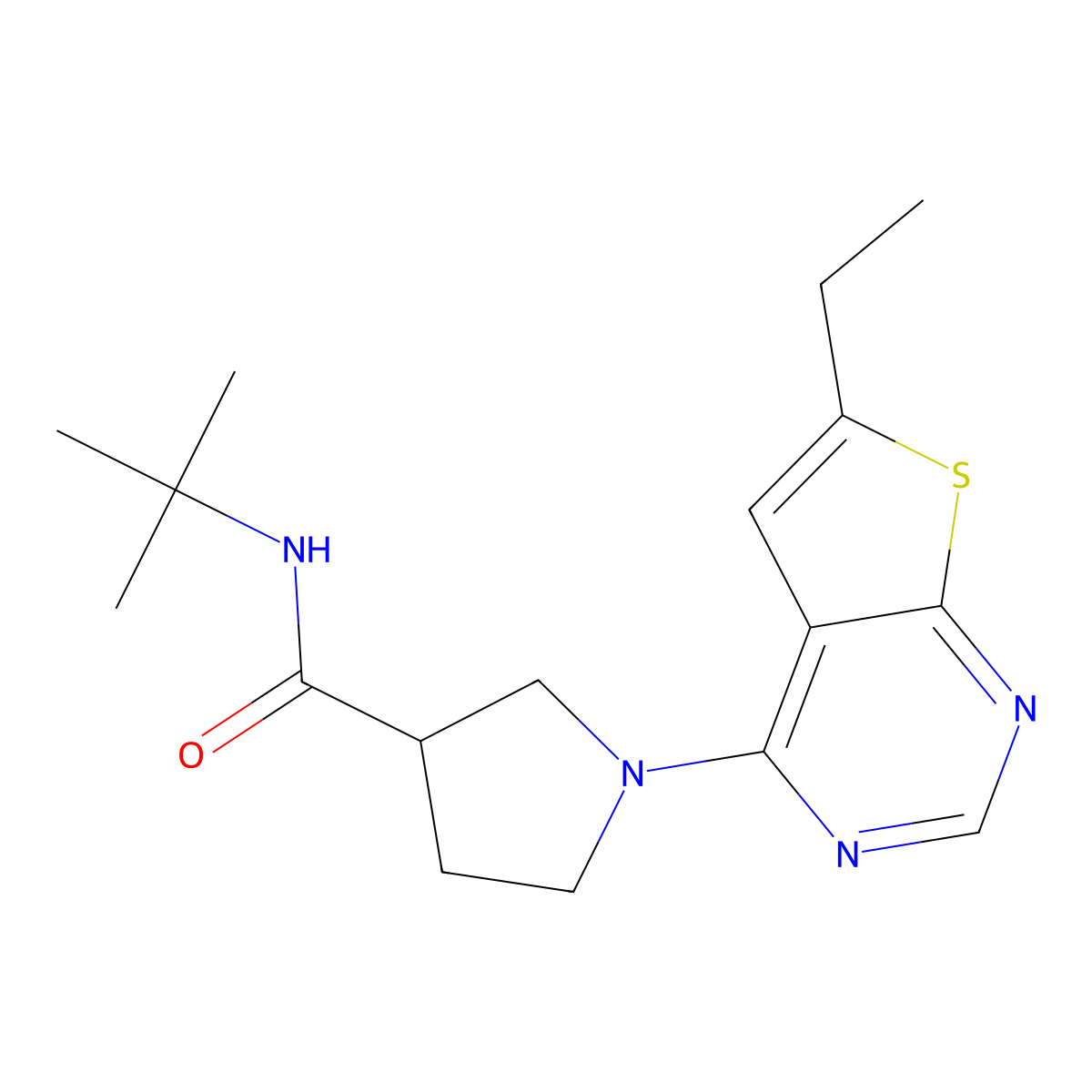 N-tert-butyl-1-{6-ethylthieno[2,3-d]pyrimidin-4-yl}pyrrolidine-3-carboxamide molecular structure, CAS 2640819-35-6