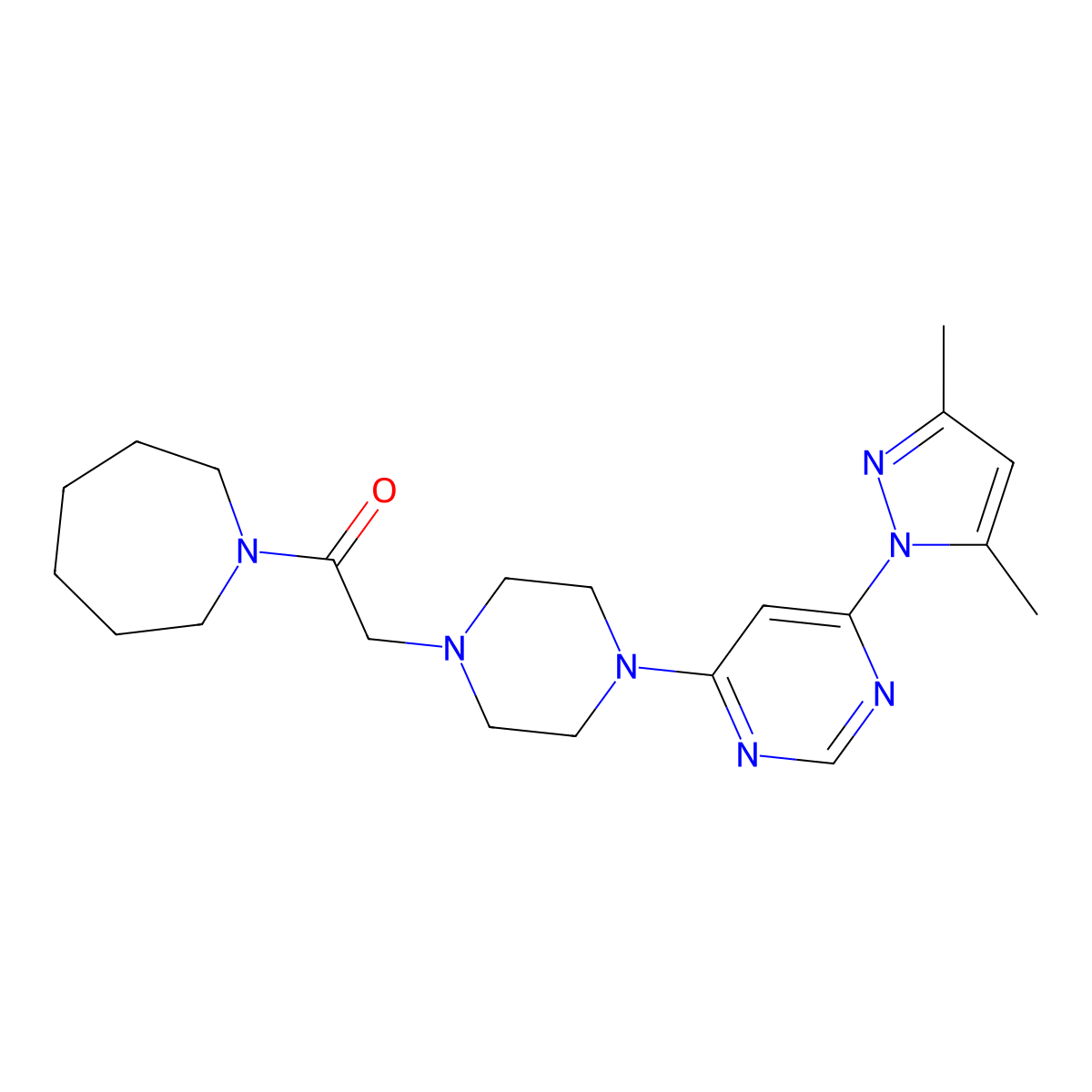 1-(azepan-1-yl)-2-{4-[6-(3,5-dimethyl-1H-pyrazol-1-yl)pyrimidin-4-yl]piperazin-1-yl}ethan-1-one molecular structure, CAS 2640819-37-8
