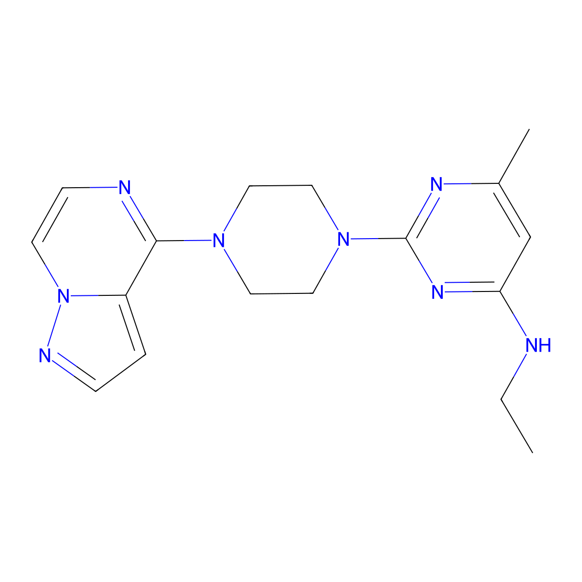 N-ethyl-6-methyl-2-(4-{pyrazolo[1,5-a]pyrazin-4-yl}piperazin-1-yl)pyrimidin-4-amine molecular structure, CAS 2640819-44-7