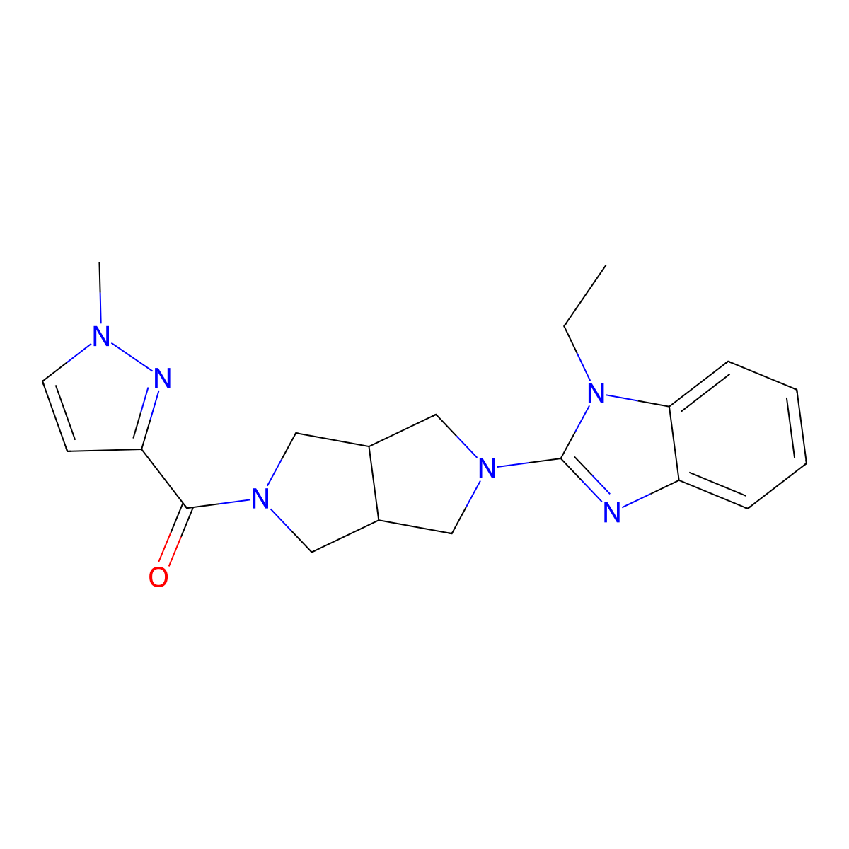 1-ethyl-2-[5-(1-methyl-1H-pyrazole-3-carbonyl)-octahydropyrrolo[3,4-c]pyrrol-2-yl]-1H-1,3-benzodiazole molecular structure, CAS 2640819-48-1