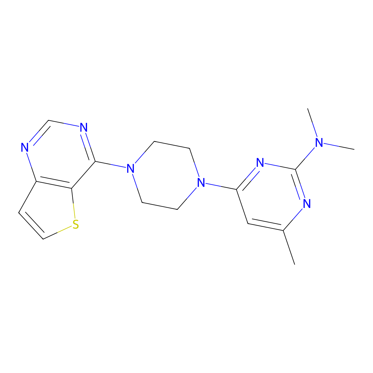 N,N,4-trimethyl-6-(4-{thieno[3,2-d]pyrimidin-4-yl}piperazin-1-yl)pyrimidin-2-amine molecular structure, CAS 2640819-55-0
