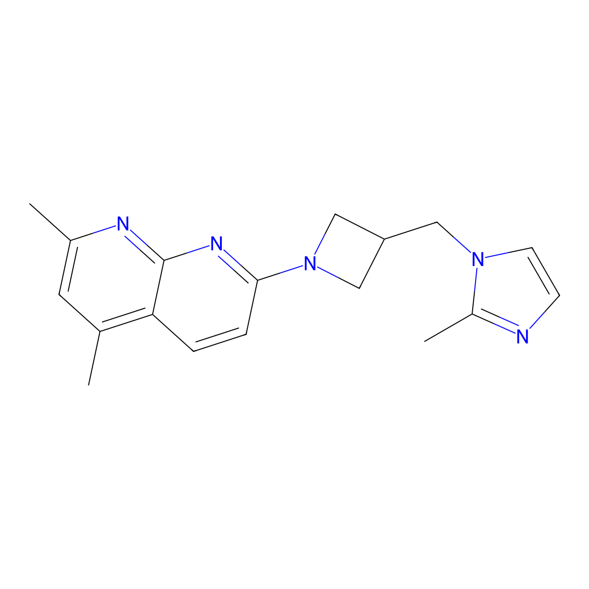 2,4-dimethyl-7-{3-[(2-methyl-1H-imidazol-1-yl)methyl]azetidin-1-yl}-1,8-naphthyridine molecular structure, CAS 2640819-59-4