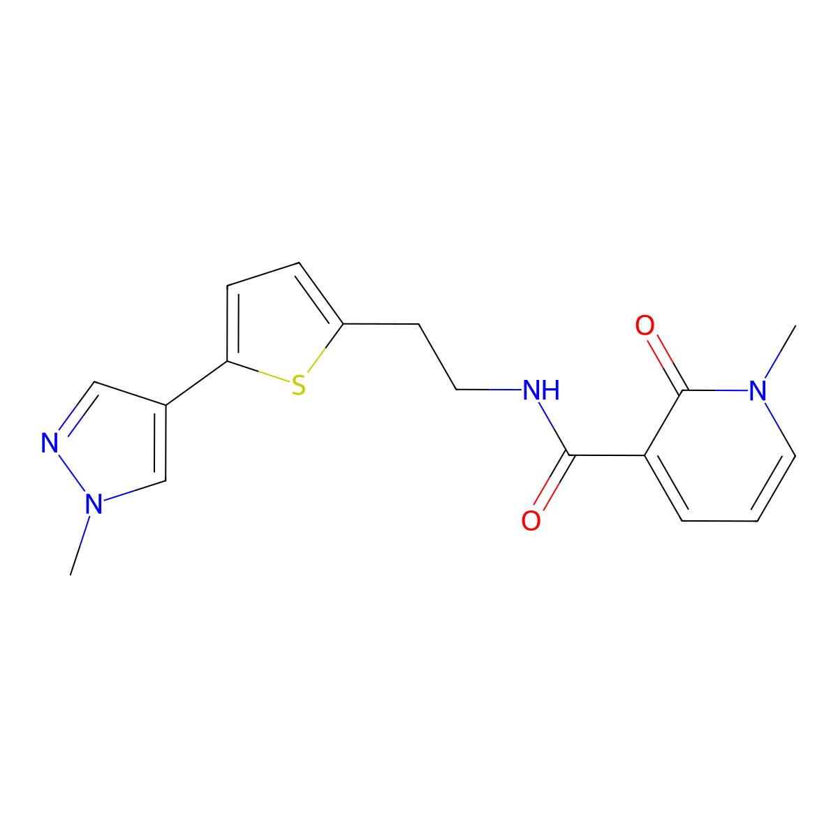 1-methyl-N-{2-[5-(1-methyl-1H-pyrazol-4-yl)thiophen-2-yl]ethyl}-2-oxo-1,2-dihydropyridine-3-carboxamide molecular structure, CAS 2640819-60-7