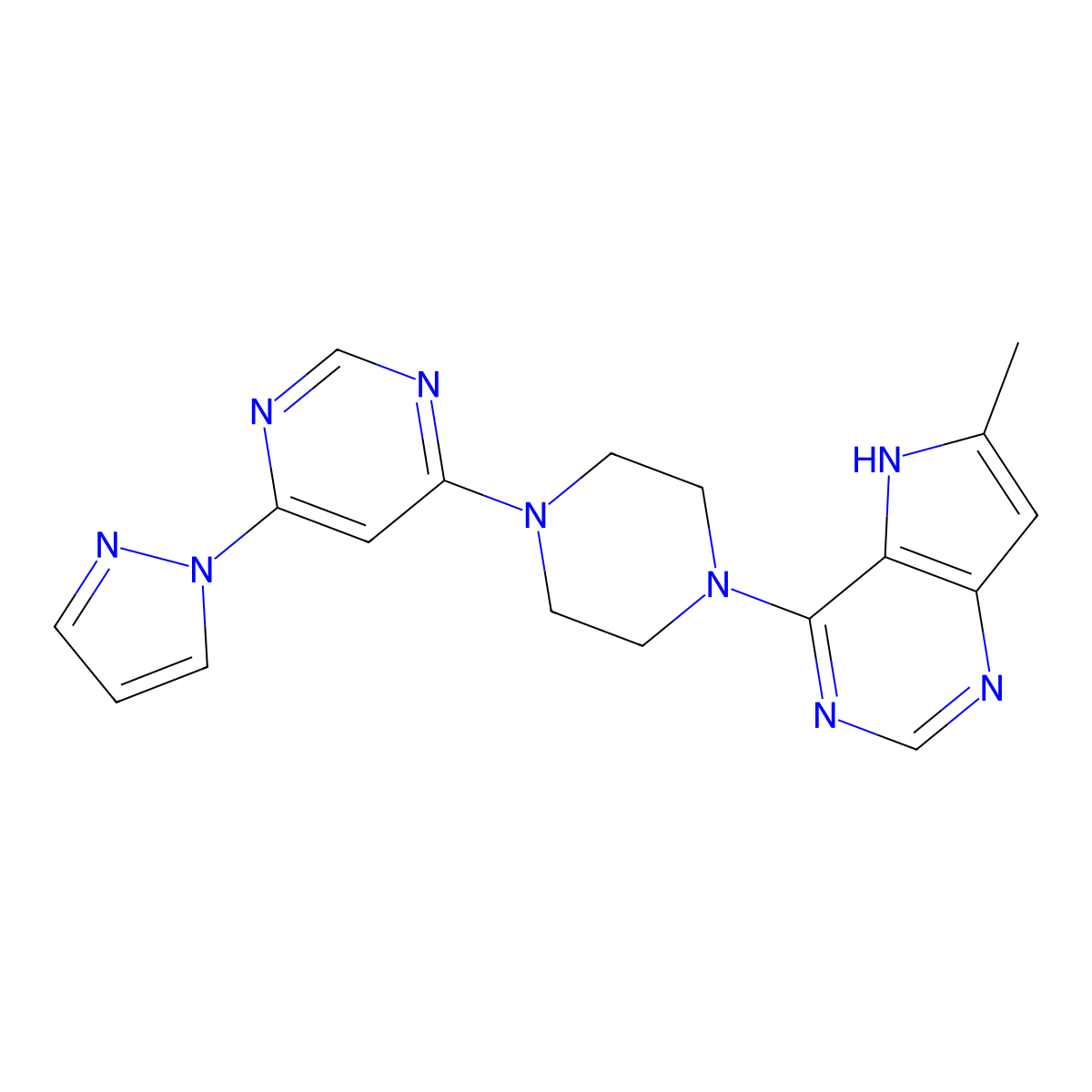 4-(4-{6-methyl-5H-pyrrolo[3,2-d]pyrimidin-4-yl}piperazin-1-yl)-6-(1H-pyrazol-1-yl)pyrimidine molecular structure, CAS 2640821-16-3