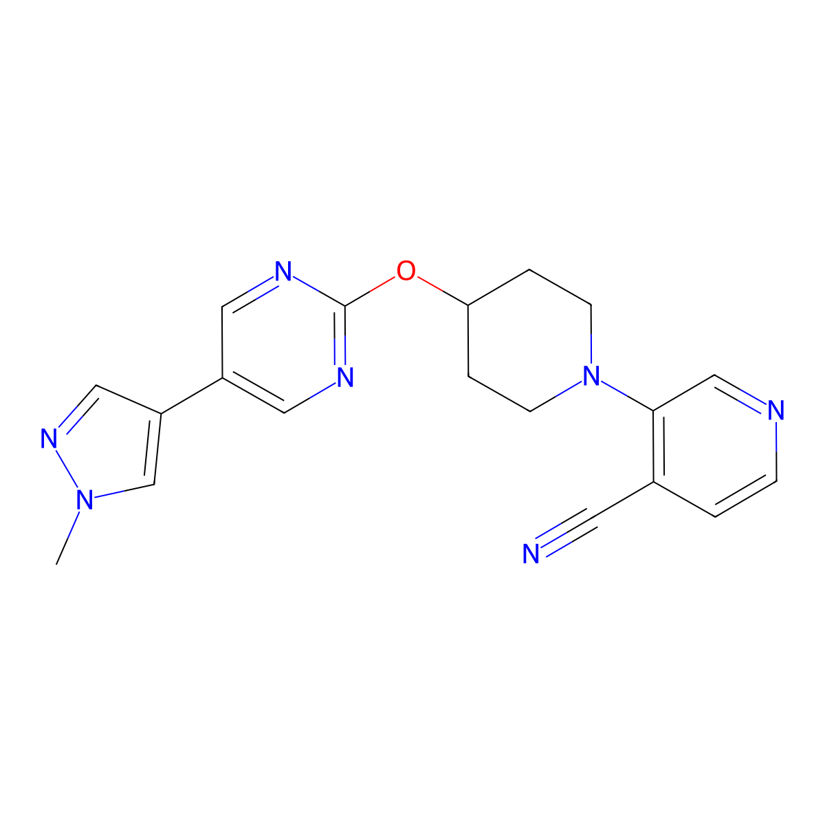 3-(4-{[5-(1-methyl-1H-pyrazol-4-yl)pyrimidin-2-yl]oxy}piperidin-1-yl)pyridine-4-carbonitrile molecular structure, CAS 2640821-18-5