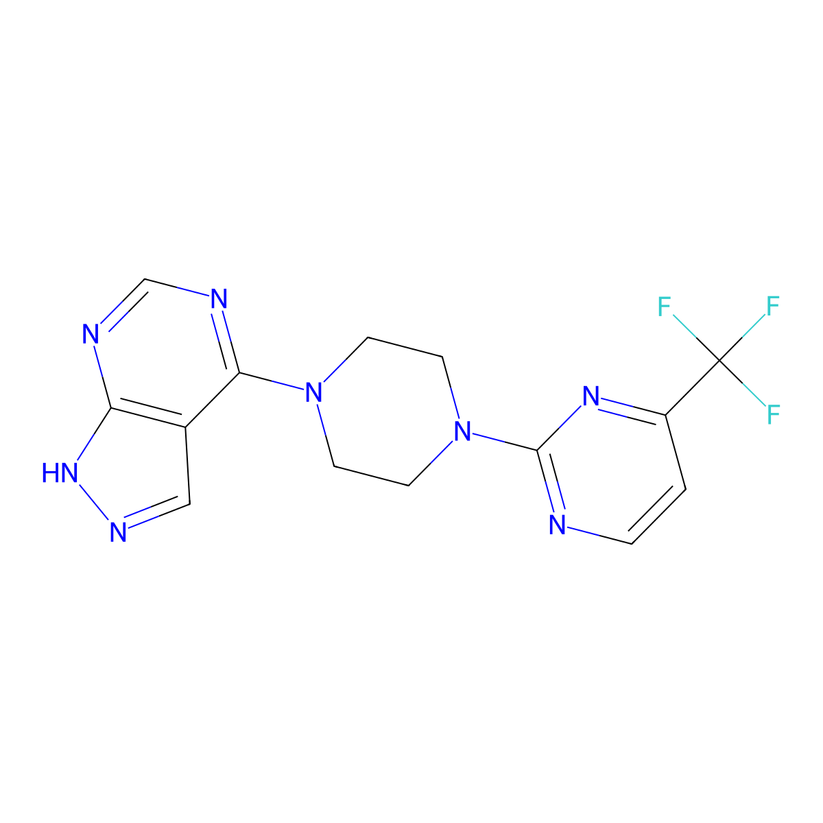 2-(4-{1H-pyrazolo[3,4-d]pyrimidin-4-yl}piperazin-1-yl)-4-(trifluoromethyl)pyrimidine molecular structure, CAS 2640821-23-2