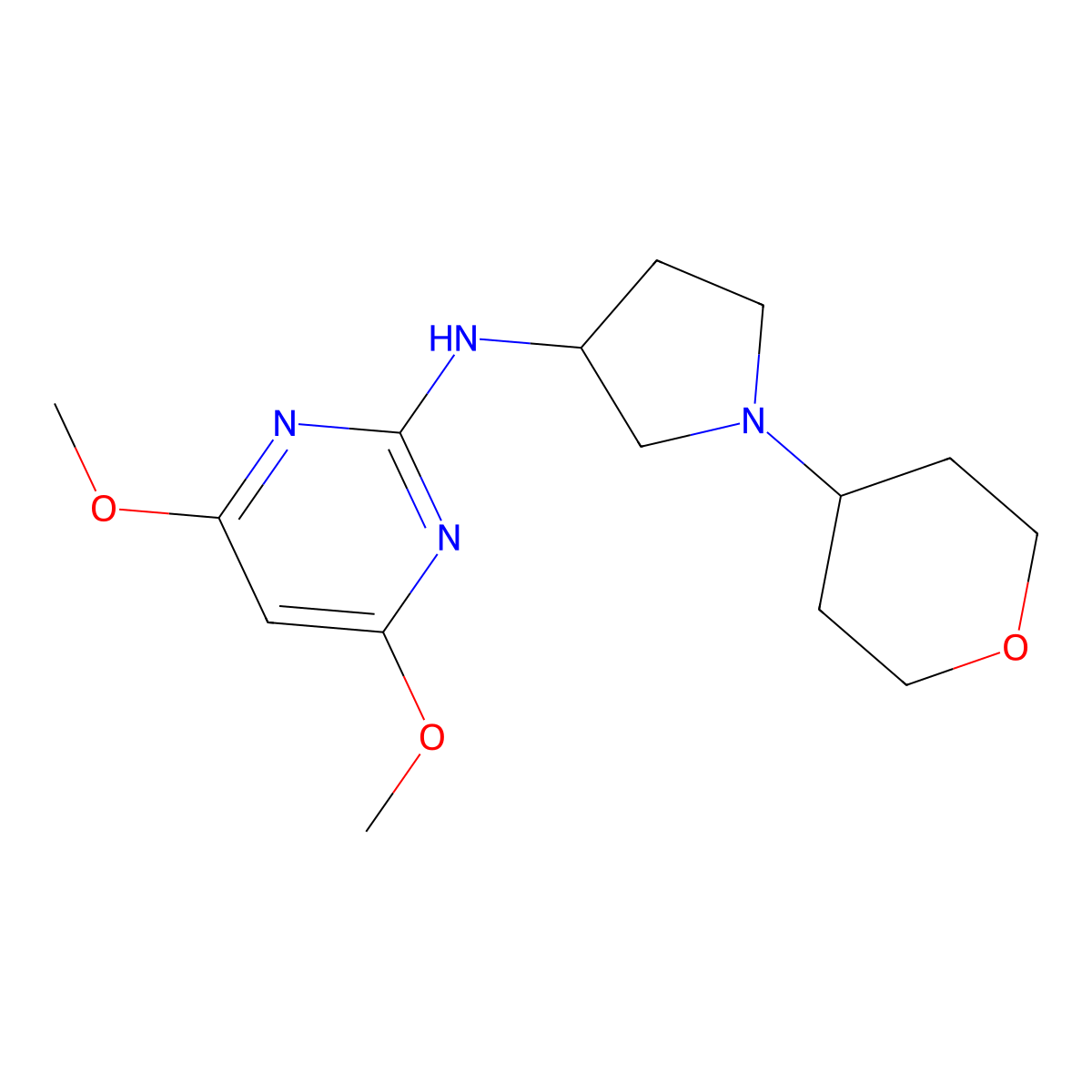 4,6-dimethoxy-N-[1-(oxan-4-yl)pyrrolidin-3-yl]pyrimidin-2-amine molecular structure, CAS 2640821-30-1