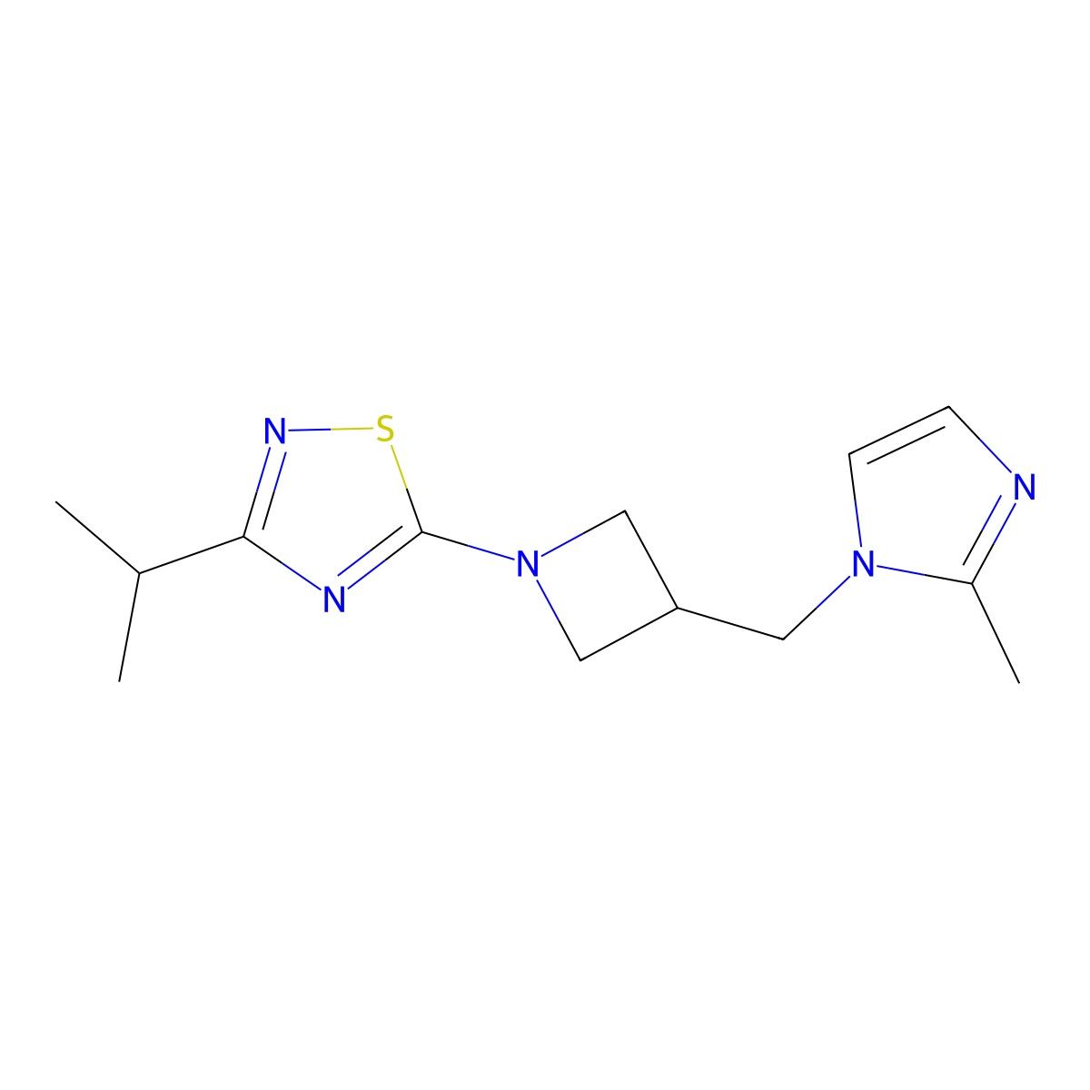 5-{3-[(2-methyl-1H-imidazol-1-yl)methyl]azetidin-1-yl}-3-(propan-2-yl)-1,2,4-thiadiazole molecular structure, CAS 2640821-35-6